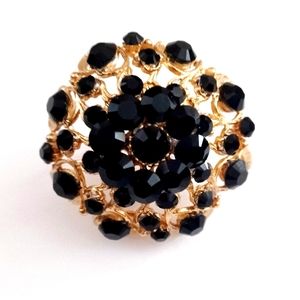 NWT Oversized Cocktail Ring Faceted Black Glass Stones Gold Tone/Plated? 2"